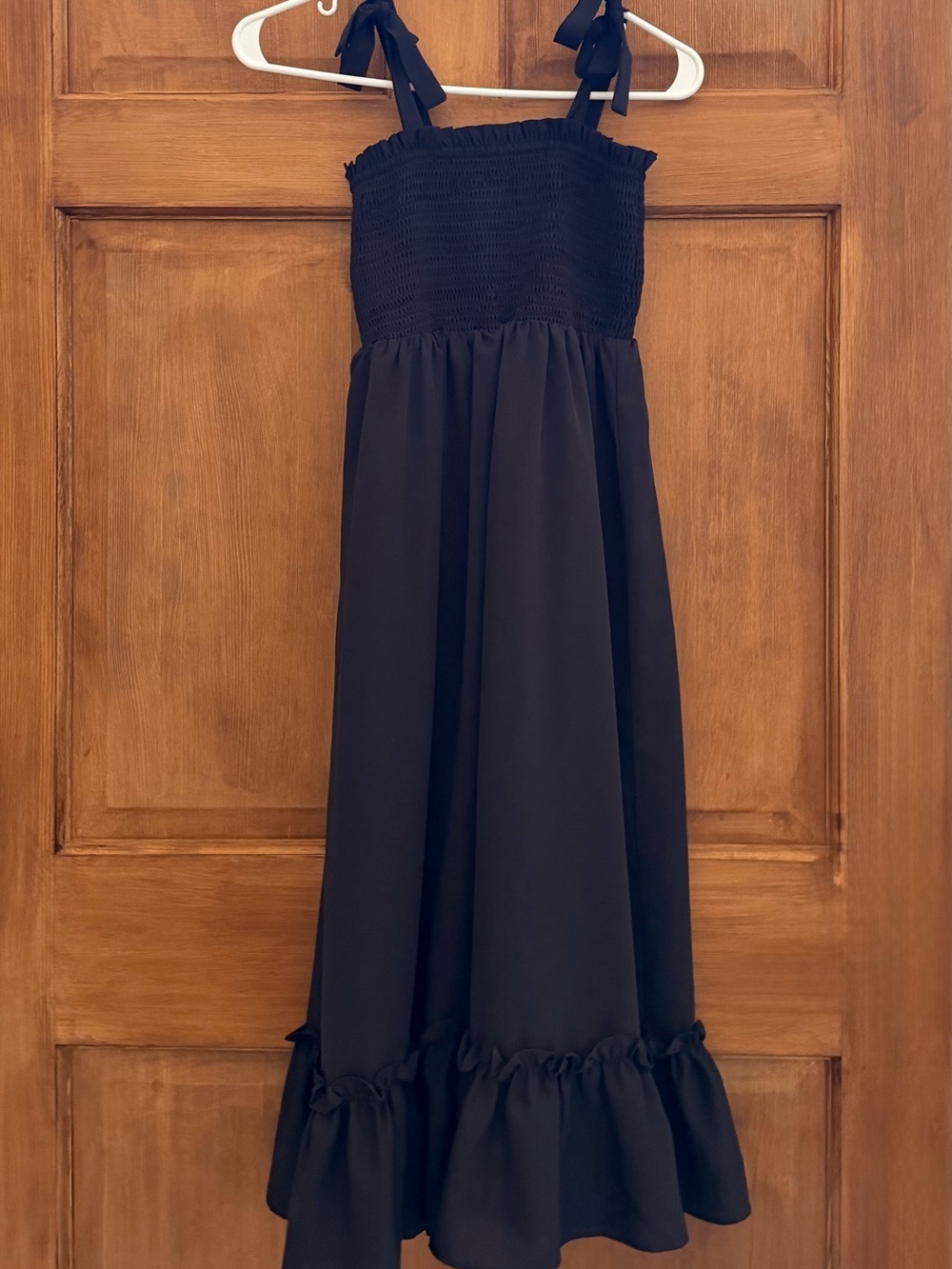 Arshiner Girls Black Smocked Maxi Dress with Tie-Strap Shoulders